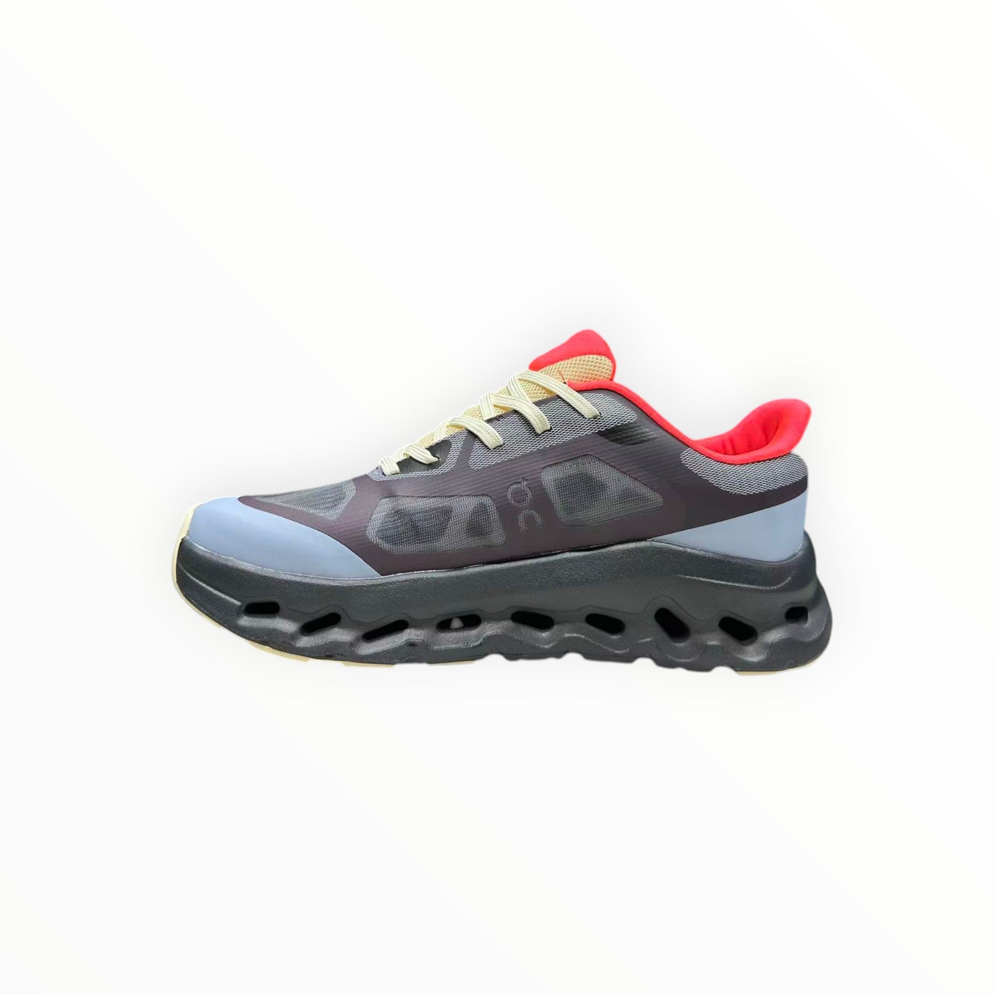 EWW Sports Shoes On Cloudtilt Remix black and light blue running shoe with see-through upper and chunky sole.