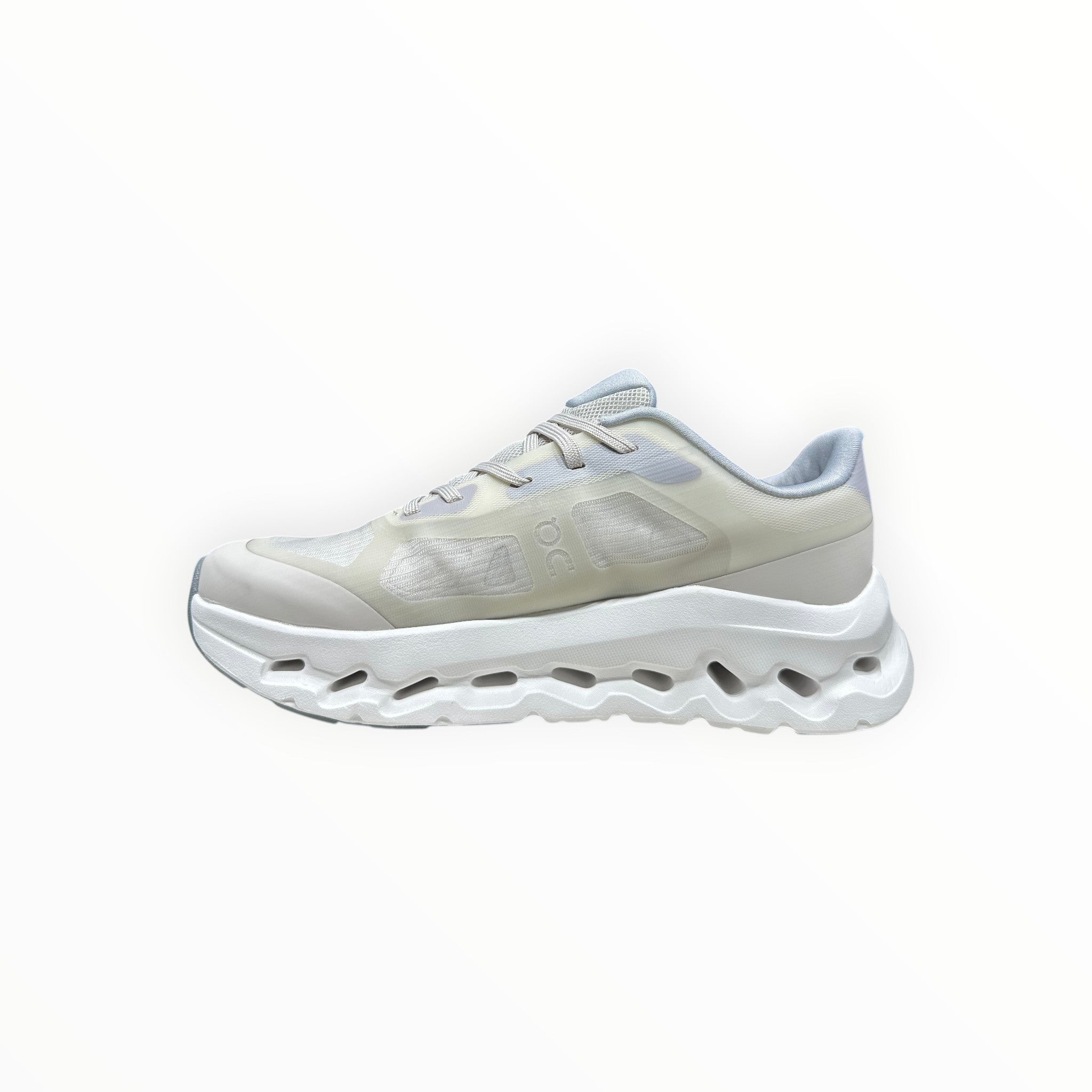 EWW Sports Shoes On Cloudtilt Remix cream sneakers with layered see-through upper and white CloudTec Phase cushioning.