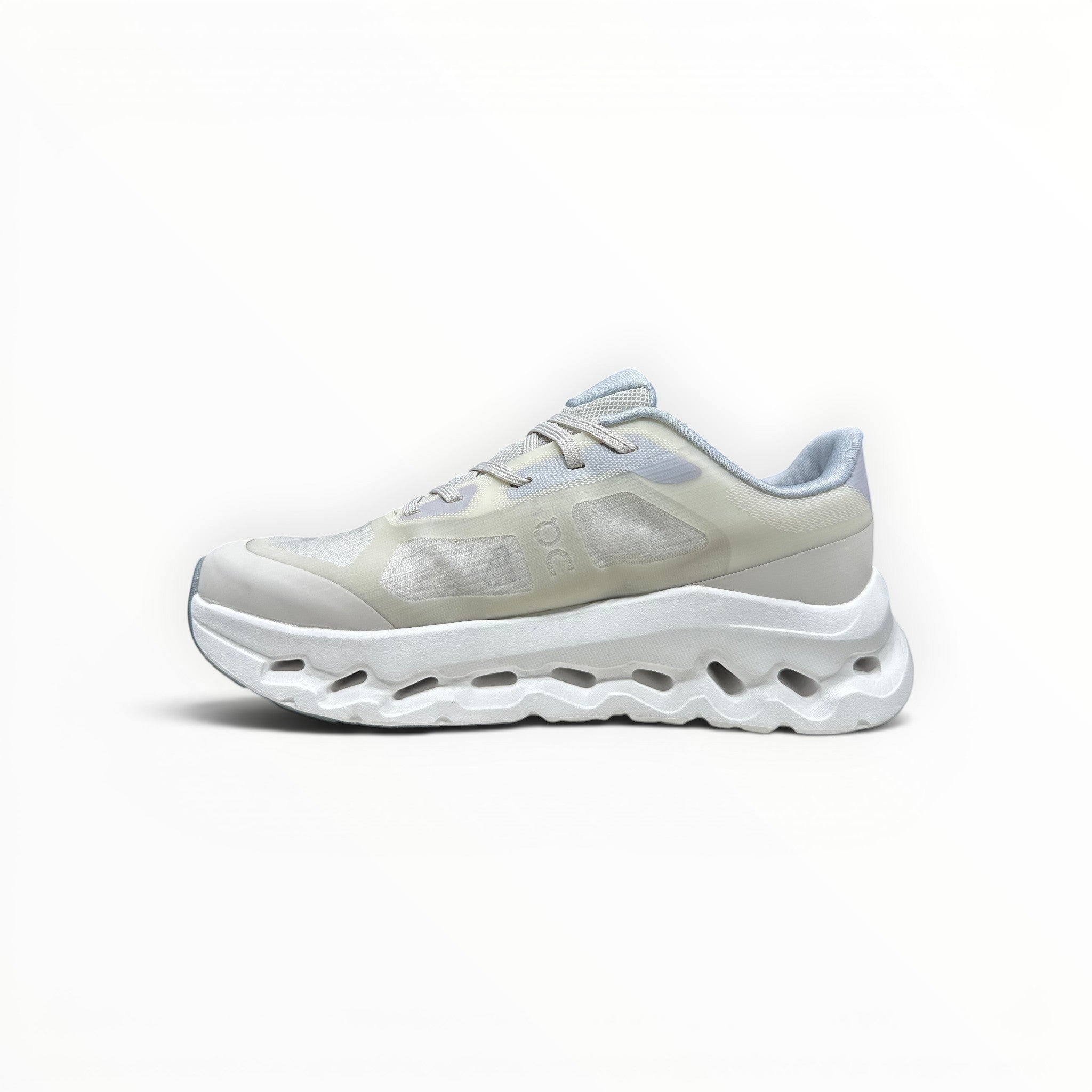 EWW Sports Shoes On Cloudtilt Remix cream sneakers with layered see-through upper and white CloudTec Phase cushioning.