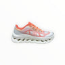 EWW Sports Shoes On Cloudtilt Remix grey and orange running shoes with see-through upper and white chunky sole.