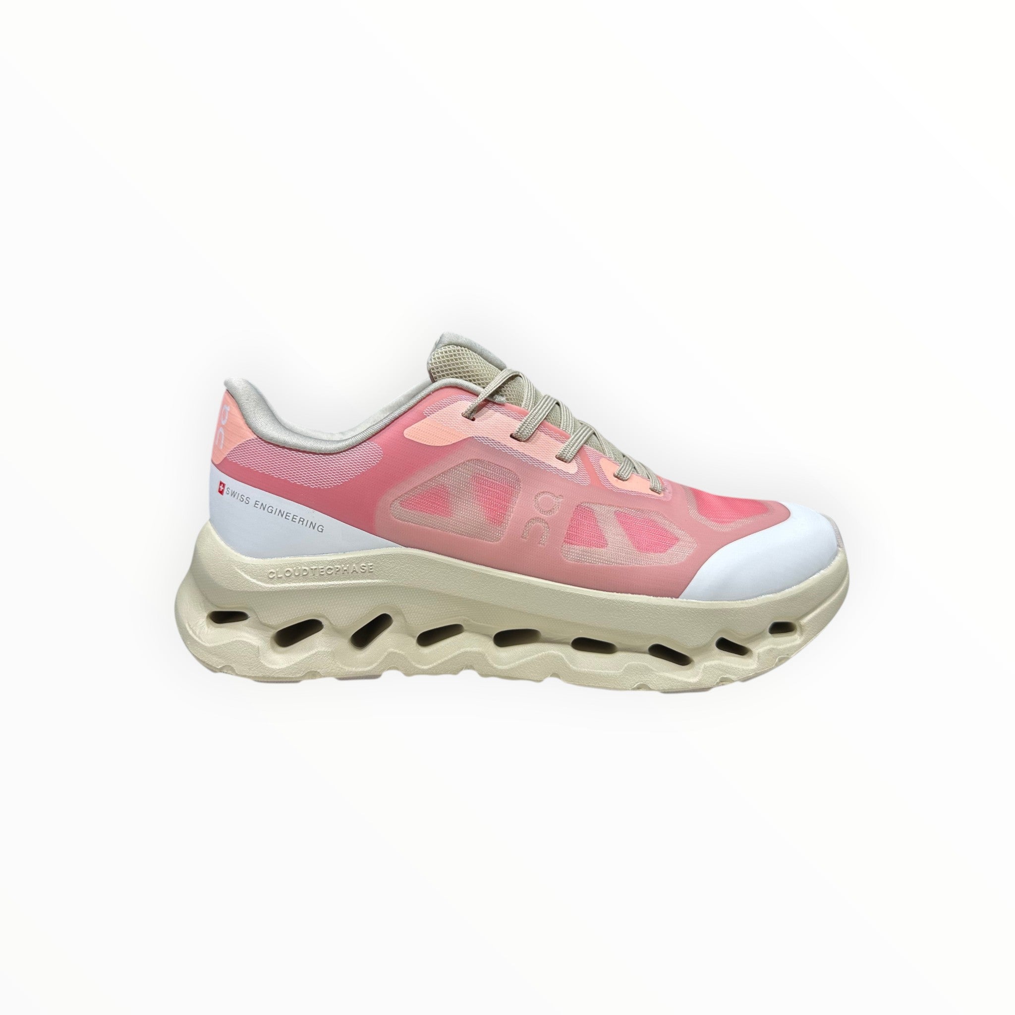 EWW Sports Shoes On Cloudtilt Remix pink and cream running shoes with see-through upper and unique cushioned sole.