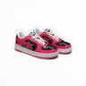 EWW Sports Shoes BAPE STA low-top sneakers in pink and black patent leather with signature star logo and white laces.