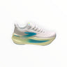 EWW Sports Shoes men's white running shoes with blue accents and a thick yellow and blue sole. Features Brooks logo and GlideRoll technology.